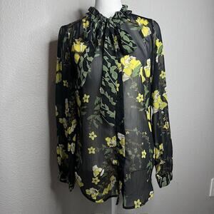 Who What Wear Black Floral Ruffle Tie Blouse Sz X-Small